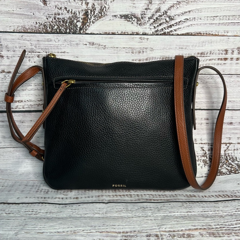 Fossil Black Leather Crossbody with Brown Strap